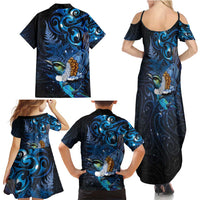 Aotearoa Matariki Family Matching Summer Maxi Dress and Hawaiian Shirt Maori Tribal with Silver Fern and Tui Bird Galaxy Style - Polynesian Pride