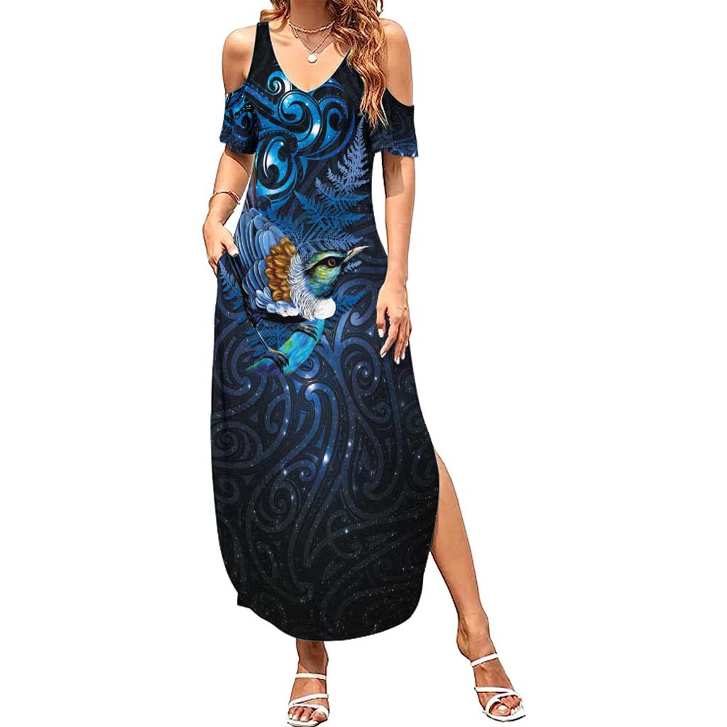 Aotearoa Matariki Family Matching Summer Maxi Dress and Hawaiian Shirt Maori Tribal with Silver Fern and Tui Bird Galaxy Style - Polynesian Pride