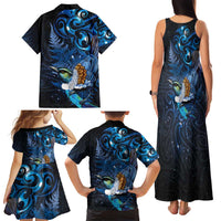Aotearoa Matariki Family Matching Tank Maxi Dress and Hawaiian Shirt Maori Tribal with Silver Fern and Tui Bird Galaxy Style - Polynesian Pride