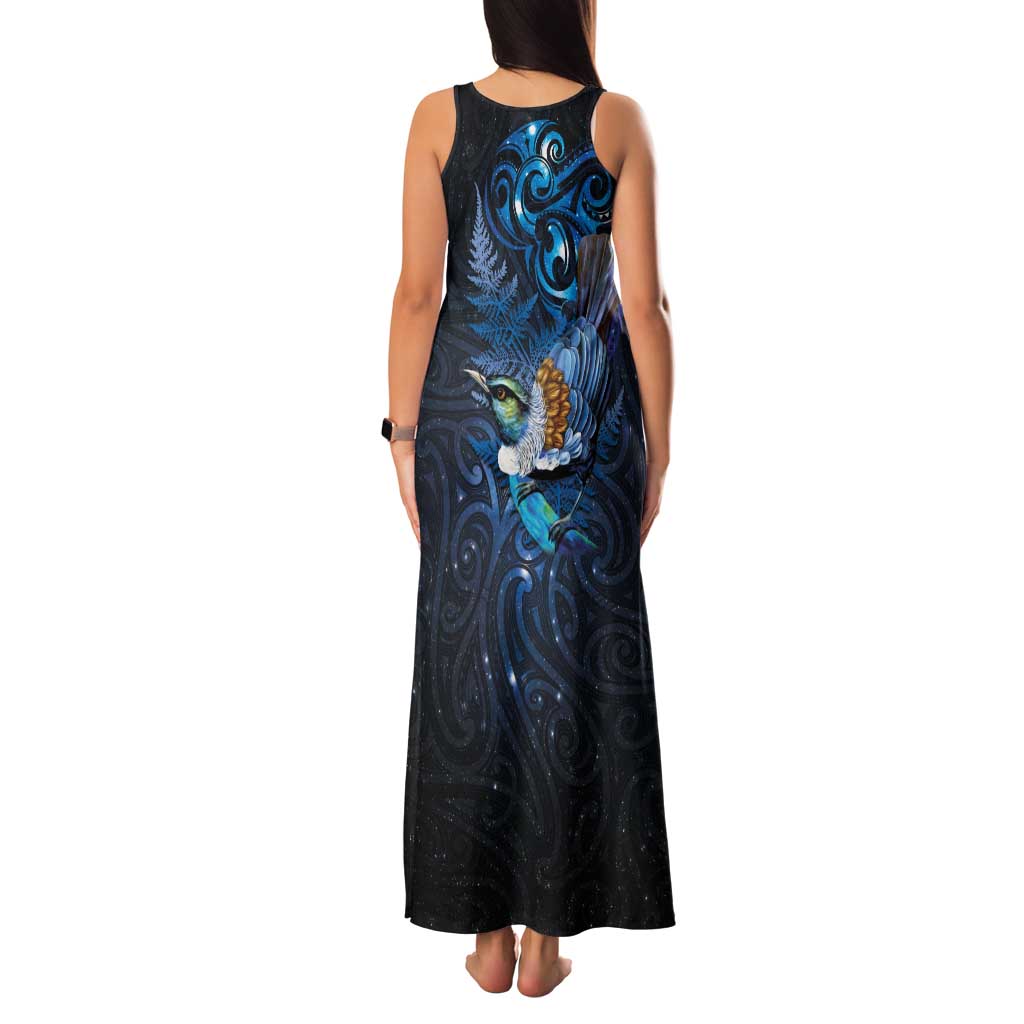 Aotearoa Matariki Family Matching Tank Maxi Dress and Hawaiian Shirt Maori Tribal with Silver Fern and Tui Bird Galaxy Style - Polynesian Pride