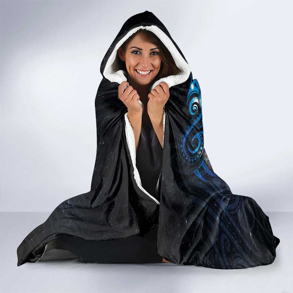 Aotearoa Matariki Hooded Blanket Maori Tribal with Silver Fern and Tui Bird Galaxy Style - Polynesian Pride