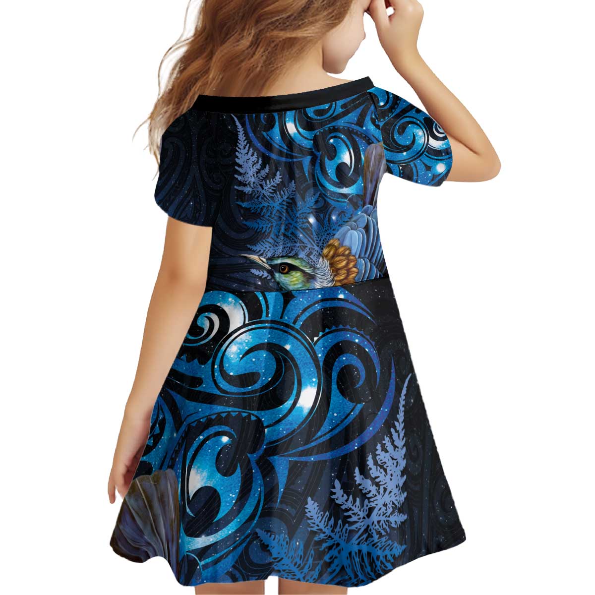 Aotearoa Matariki Kid Short Sleeve Dress Maori Tribal with Silver Fern and Tui Bird Galaxy Style - Polynesian Pride