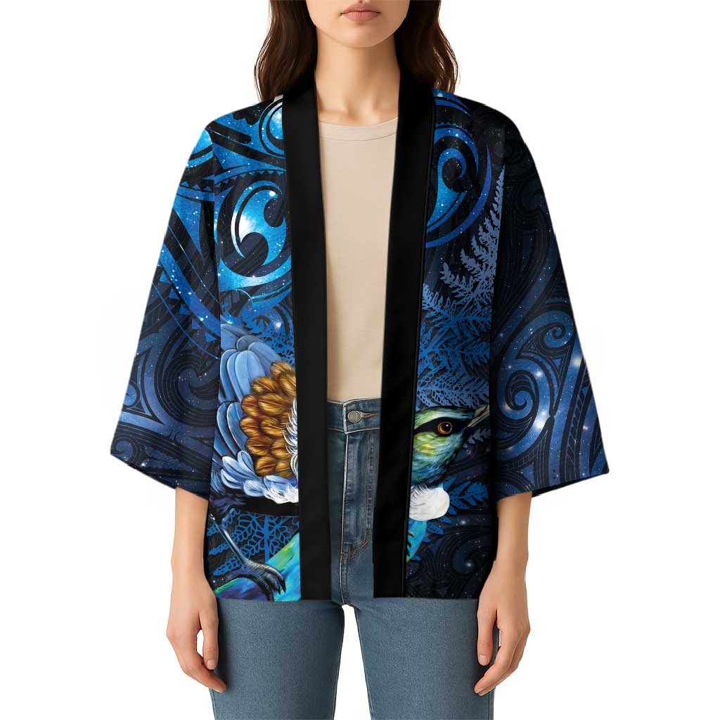 Aotearoa Matariki Kimono Maori Tribal with Silver Fern and Tui Bird Galaxy Style - Polynesian Pride