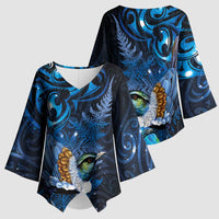 Aotearoa Matariki Kimono Sleeve Blouse Maori Tribal with Silver Fern and Tui Bird Galaxy Style - Polynesian Pride