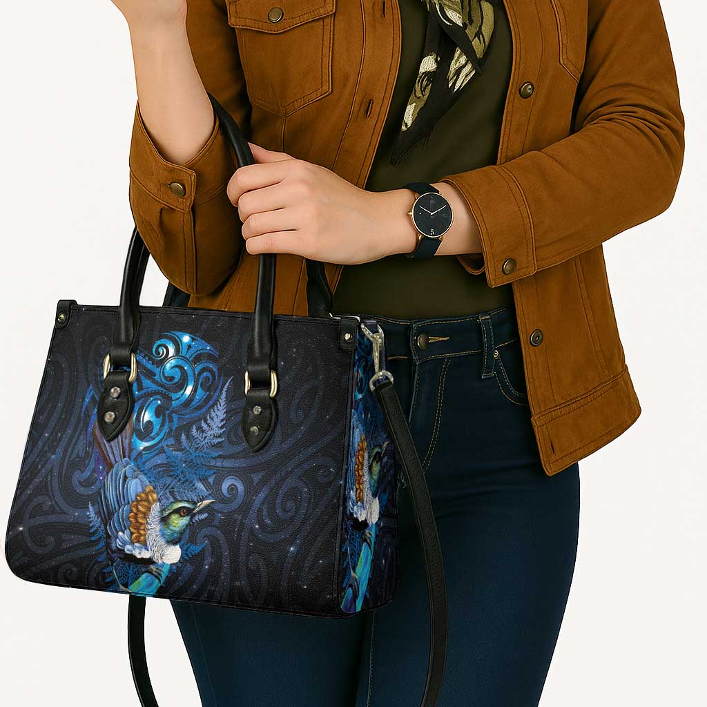 Aotearoa Matariki Leather Bag Maori Tribal with Silver Fern and Tui Bird Galaxy Style - Polynesian Pride