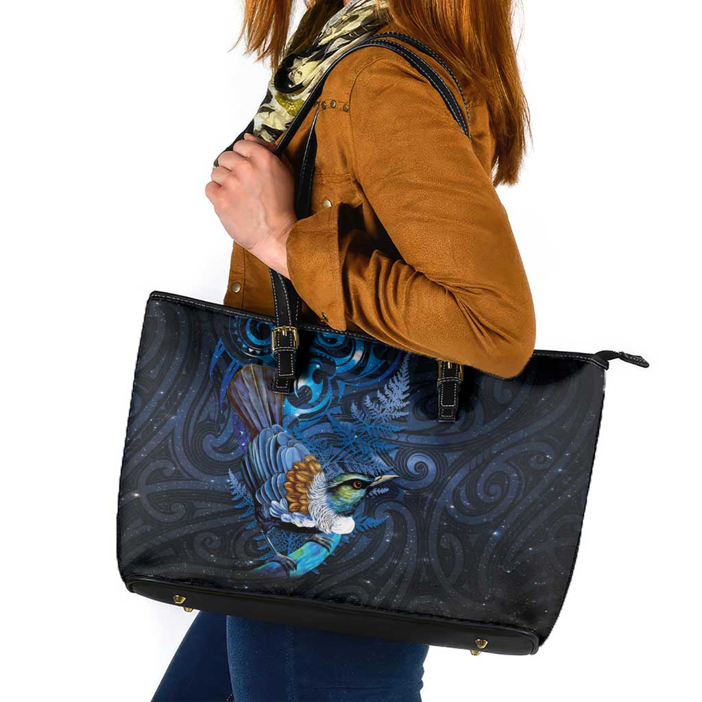 Aotearoa Matariki Leather Tote Bag Maori Tribal with Silver Fern and Tui Bird Galaxy Style - Polynesian Pride