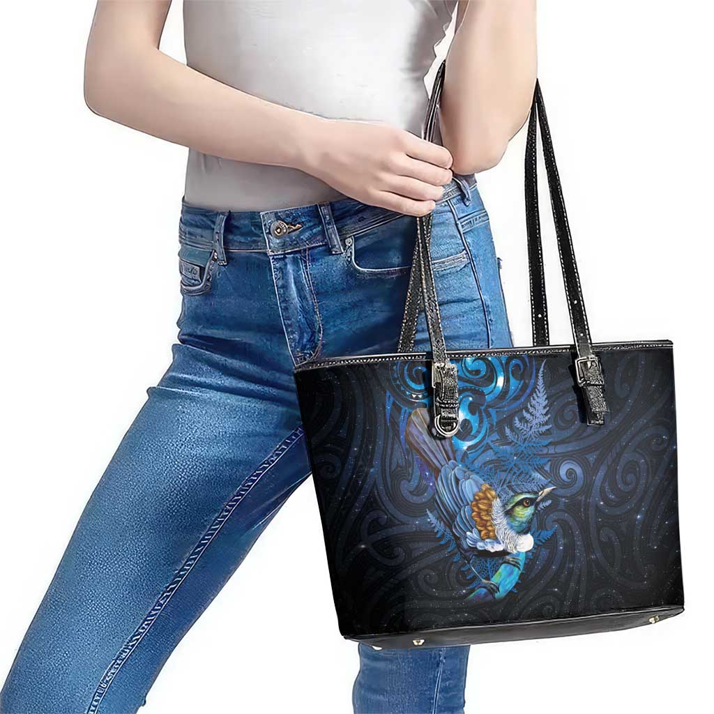 Aotearoa Matariki Leather Tote Bag Maori Tribal with Silver Fern and Tui Bird Galaxy Style - Polynesian Pride