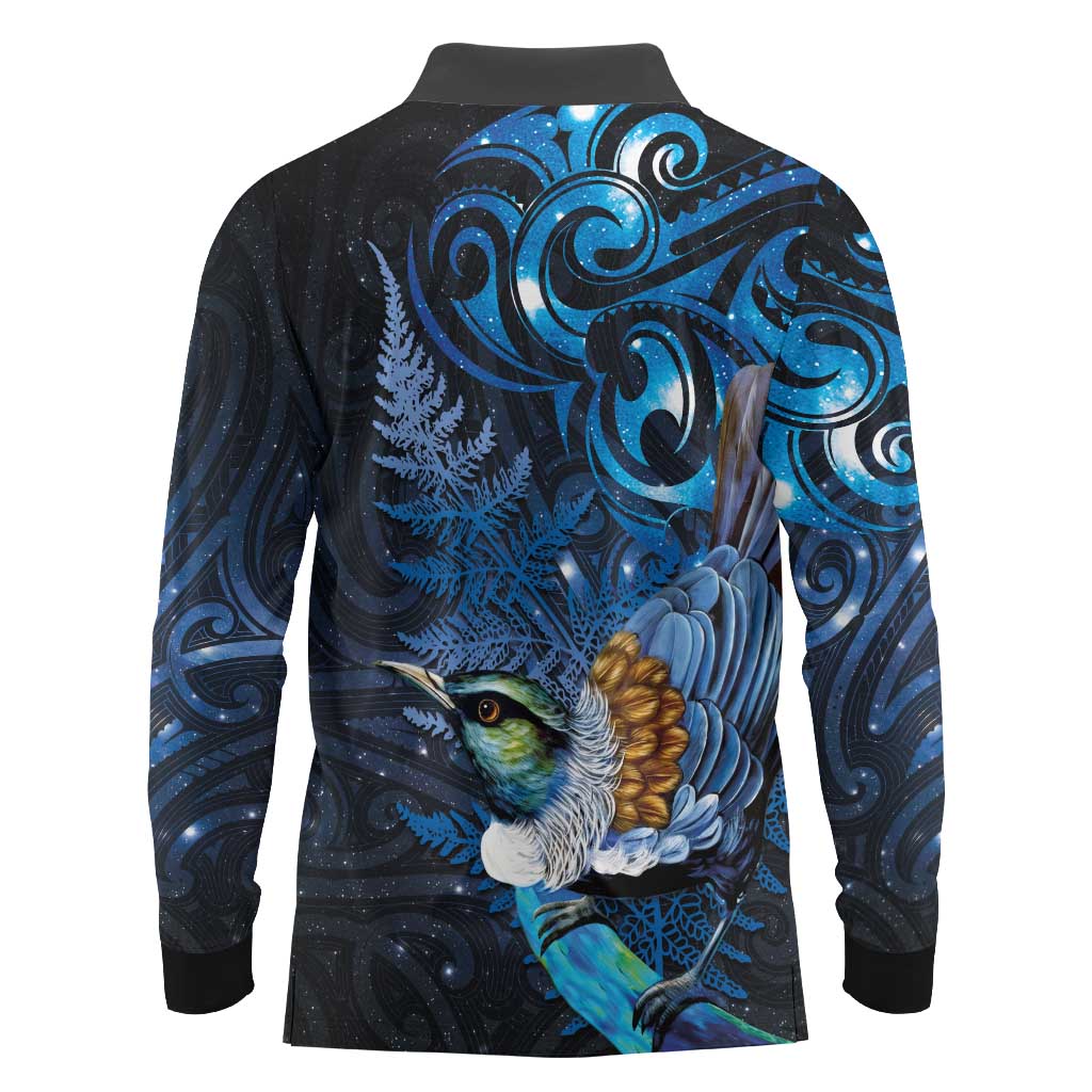 Aotearoa Matariki Long Sleeve Polo Shirt Maori Tribal with Silver Fern and Tui Bird Galaxy Style - Polynesian Pride