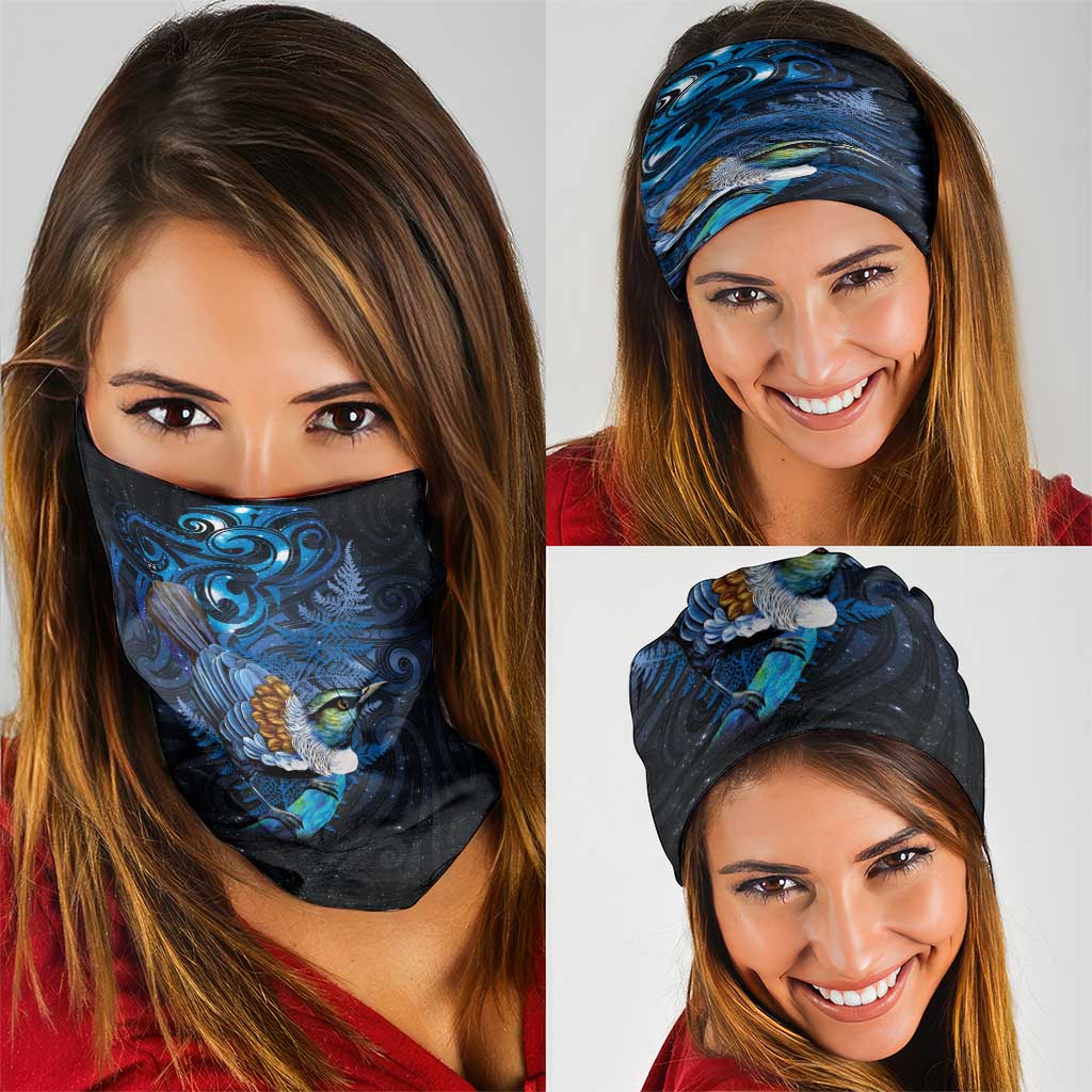 Aotearoa Matariki Neck Gaiter Maori Tribal with Silver Fern and Tui Bird Galaxy Style - Polynesian Pride
