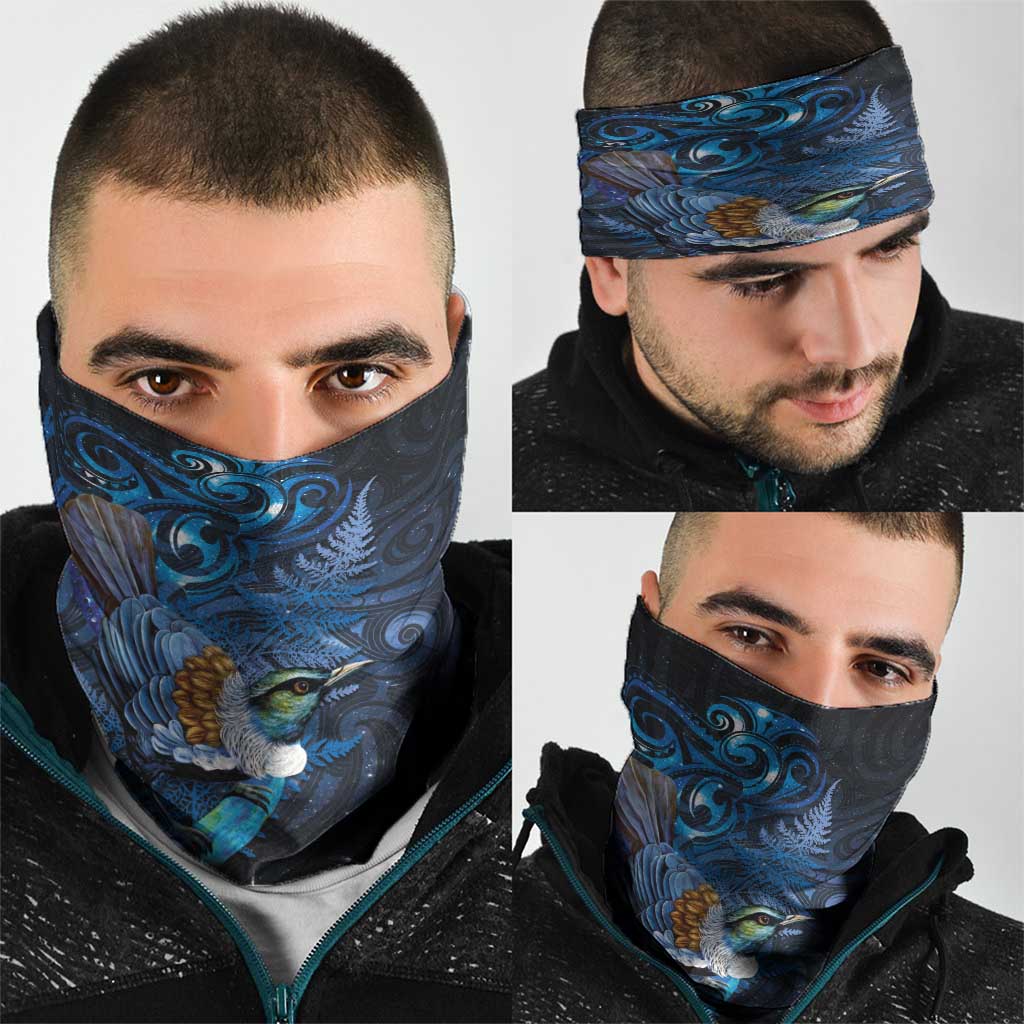 Aotearoa Matariki Neck Gaiter Maori Tribal with Silver Fern and Tui Bird Galaxy Style - Polynesian Pride