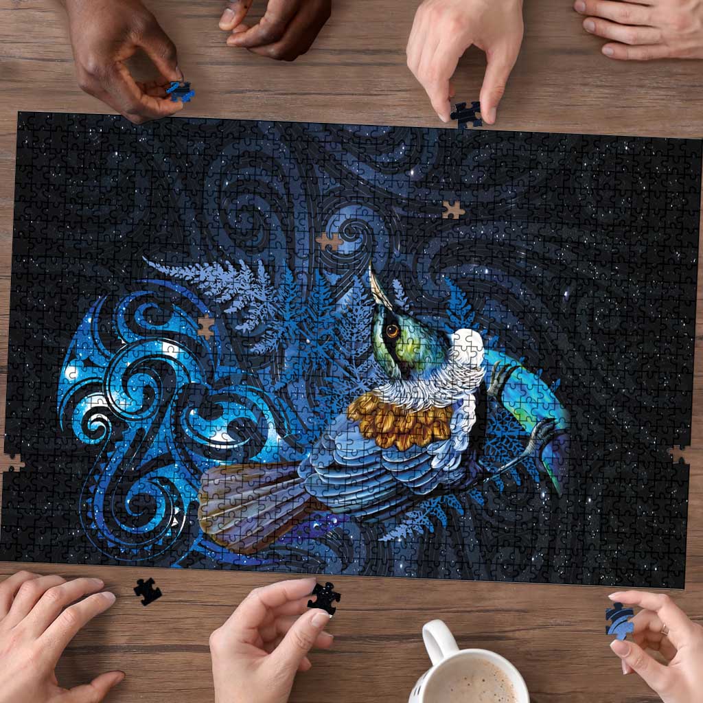 Aotearoa Matariki Puzzle Maori Tribal with Silver Fern and Tui Bird Galaxy Style - Polynesian Pride
