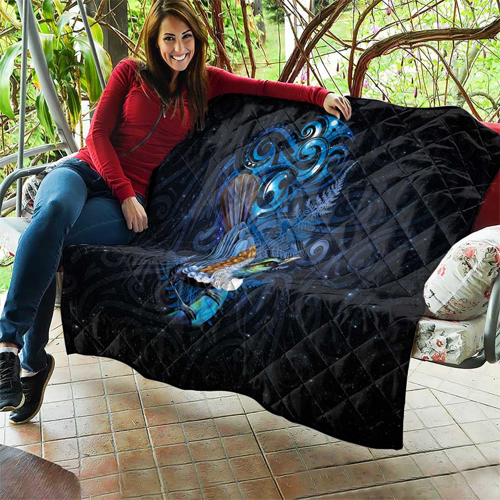 Aotearoa Matariki Quilt Maori Tribal with Silver Fern and Tui Bird Galaxy Style - Polynesian Pride