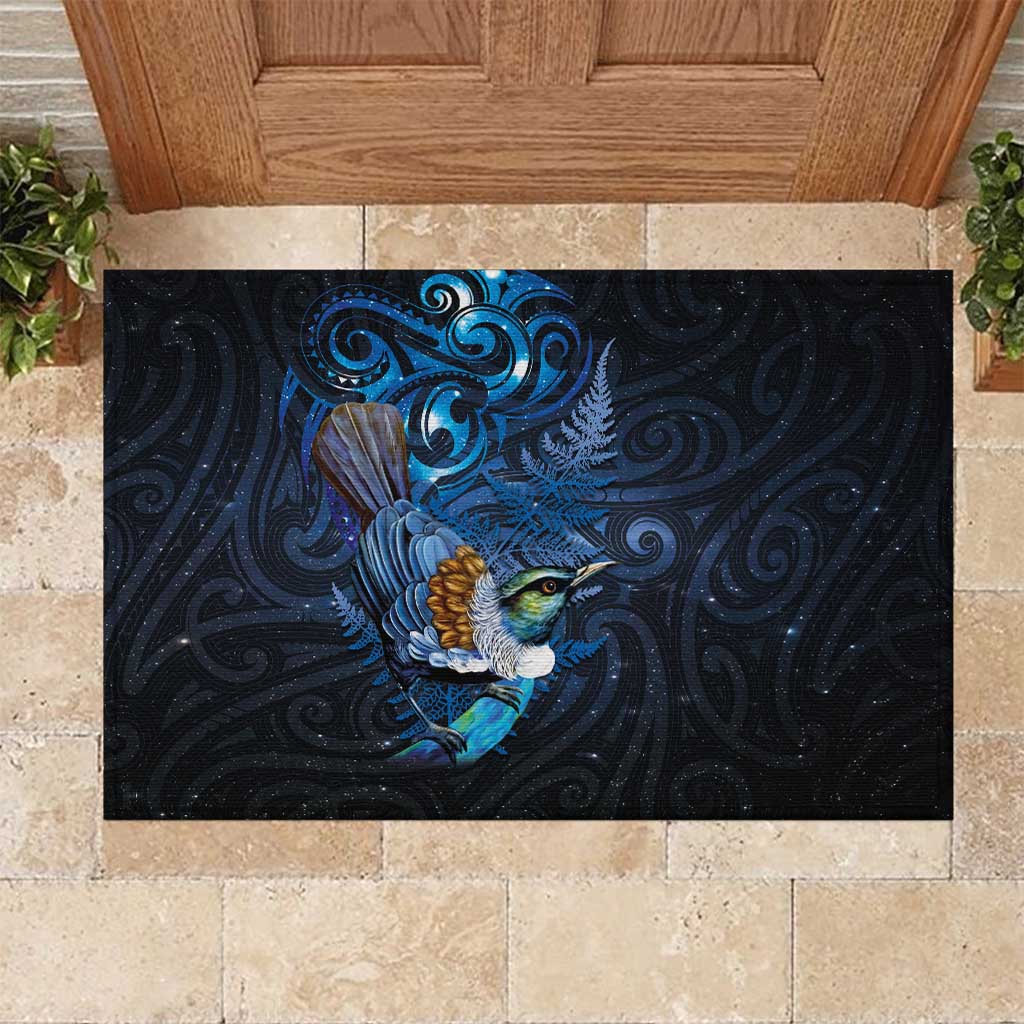 Aotearoa Matariki Rubber Doormat Maori Tribal with Silver Fern and Tui Bird Galaxy Style - Polynesian Pride