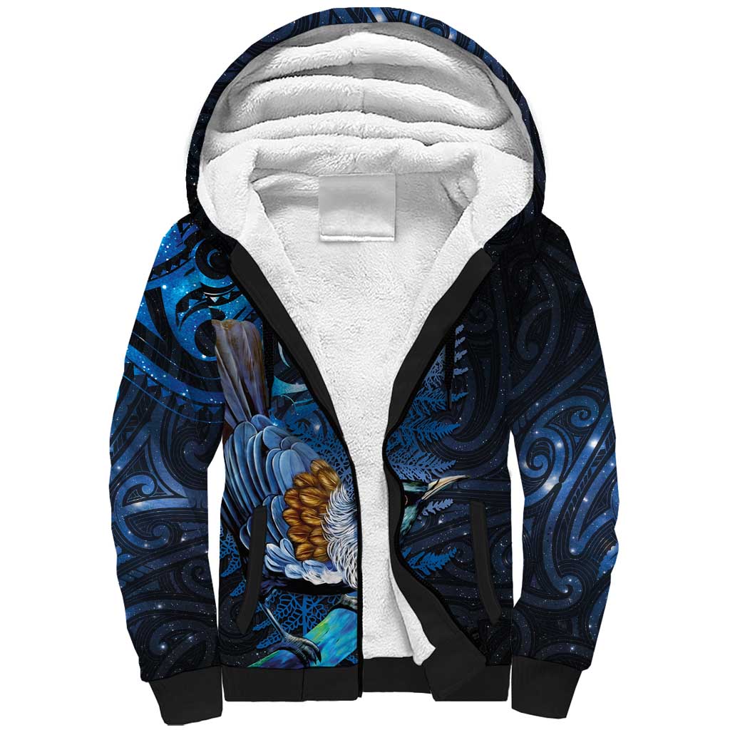 Aotearoa Matariki Sherpa Hoodie Maori Tribal with Silver Fern and Tui Bird Galaxy Style - Polynesian Pride