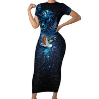 Aotearoa Matariki Short Sleeve Bodycon Dress Maori Tribal with Silver Fern and Tui Bird Galaxy Style - Polynesian Pride