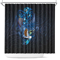 Aotearoa Matariki Shower Curtain Maori Tribal with Silver Fern and Tui Bird Galaxy Style - Polynesian Pride