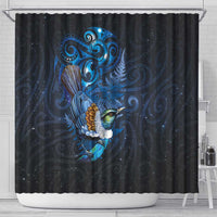 Aotearoa Matariki Shower Curtain Maori Tribal with Silver Fern and Tui Bird Galaxy Style - Polynesian Pride