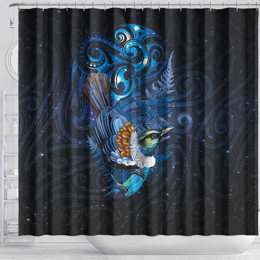 Aotearoa Matariki Shower Curtain Maori Tribal with Silver Fern and Tui Bird Galaxy Style - Polynesian Pride