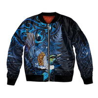 Aotearoa Matariki Sleeve Zip Bomber Jacket Maori Tribal with Silver Fern and Tui Bird Galaxy Style - Polynesian Pride