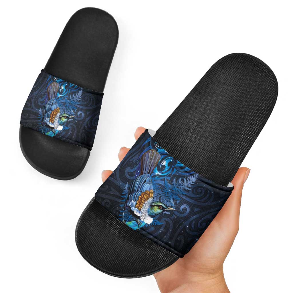 Aotearoa Matariki Slide Sandals Maori Tribal with Silver Fern and Tui Bird Galaxy Style - Polynesian Pride