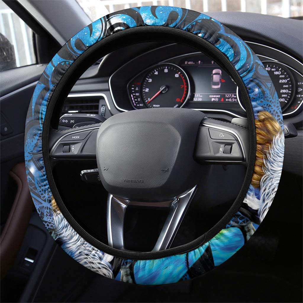 Aotearoa Matariki Steering Wheel Cover Maori Tribal with Silver Fern and Tui Bird Galaxy Style - Polynesian Pride