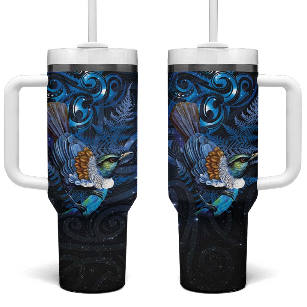 Aotearoa Matariki Tumbler With Handle Maori Tribal with Silver Fern and Tui Bird Galaxy Style - Polynesian Pride