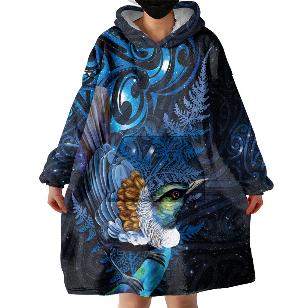 Aotearoa Matariki Wearable Blanket Hoodie Maori Tribal with Silver Fern and Tui Bird Galaxy Style - Polynesian Pride