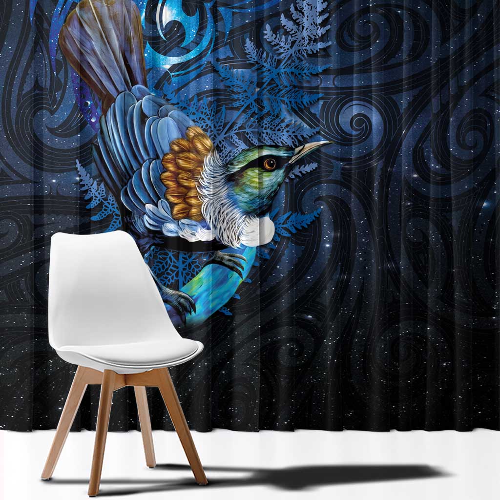 Aotearoa Matariki Window Curtain Maori Tribal with Silver Fern and Tui Bird Galaxy Style - Polynesian Pride