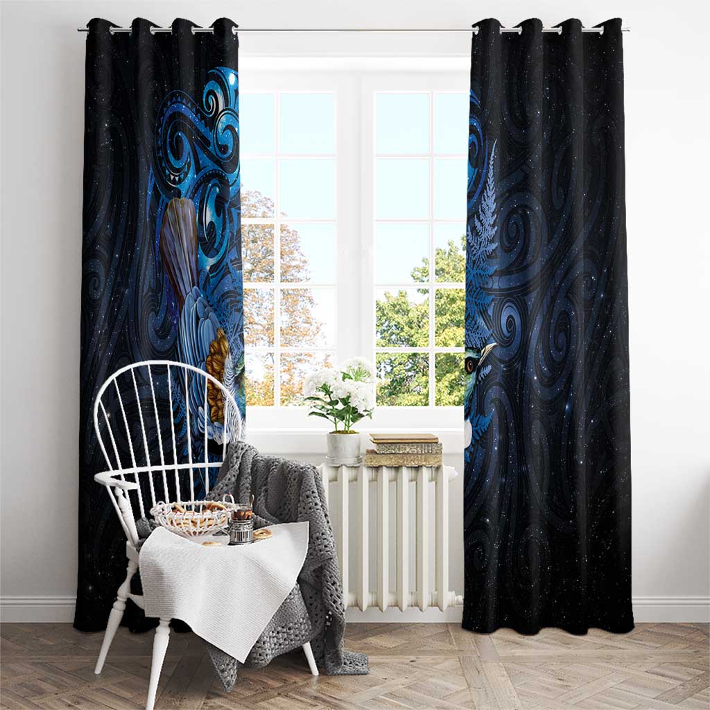 Aotearoa Matariki Window Curtain Maori Tribal with Silver Fern and Tui Bird Galaxy Style - Polynesian Pride