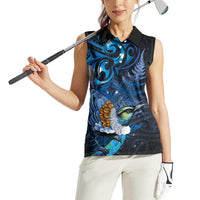 Aotearoa Matariki Women Sleeveless Polo Shirt Maori Tribal with Silver Fern and Tui Bird Galaxy Style - Polynesian Pride