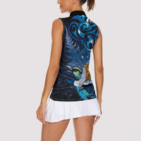 Aotearoa Matariki Women Sleeveless Polo Shirt Maori Tribal with Silver Fern and Tui Bird Galaxy Style - Polynesian Pride