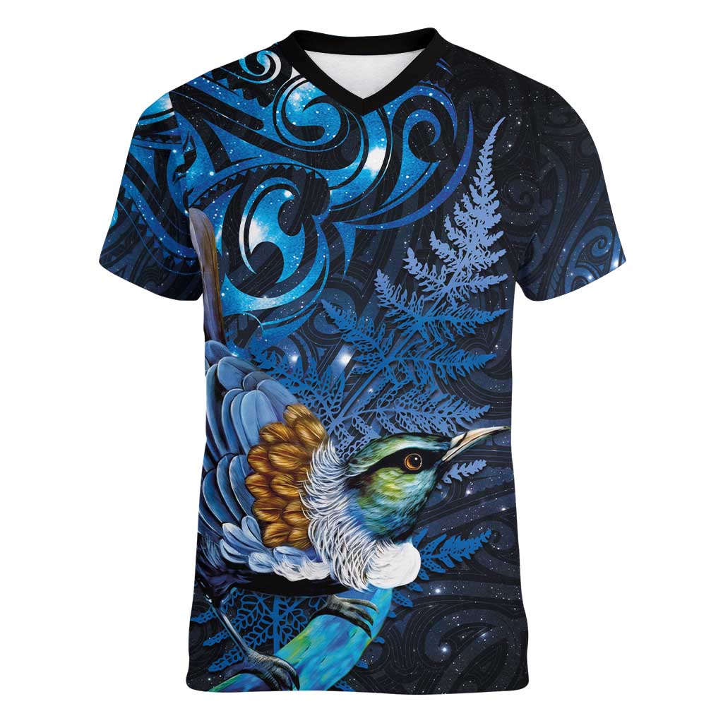 Aotearoa Matariki Women V-Neck T-Shirt Maori Tribal with Silver Fern and Tui Bird Galaxy Style - Polynesian Pride