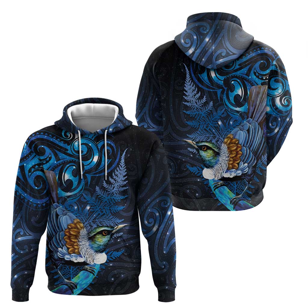 Aotearoa Matariki Zip Hoodie Maori Tribal with Silver Fern and Tui Bird Galaxy Style - Polynesian Pride