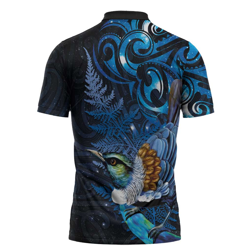 Aotearoa Matariki Zipper Polo Shirt Maori Tribal with Silver Fern and Tui Bird Galaxy Style - Polynesian Pride