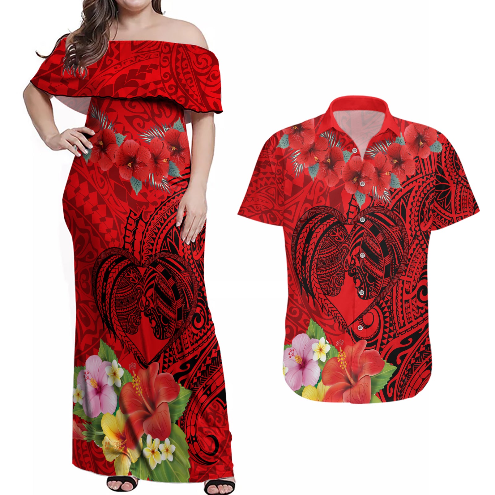 Personalised Hawaii Valentine Day Couples Matching Off Shoulder Maxi Dress and Hawaiian Shirt Couple Love Heart mix Hibiscus and Polynesian Tattoo LT03 Red - Polynesian Pride