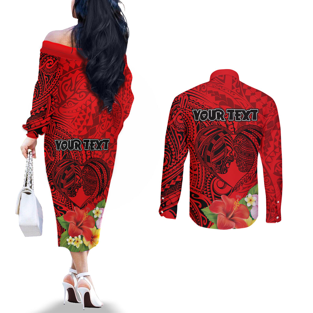 Personalised Hawaii Valentine Day Couples Matching Off The Shoulder Long Sleeve Dress and Long Sleeve Button Shirt Couple Love Heart mix Hibiscus and Polynesian Tattoo LT03 - Polynesian Pride