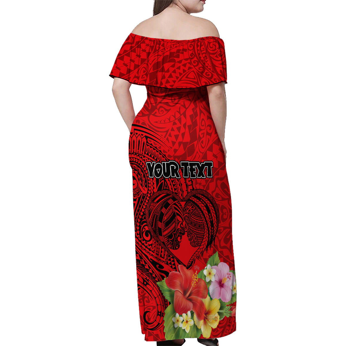 Personalised Hawaii Valentine Day Family Matching Off Shoulder Maxi Dress and Hawaiian Shirt Couple Love Heart mix Hibiscus and Polynesian Tattoo LT03 - Polynesian Pride