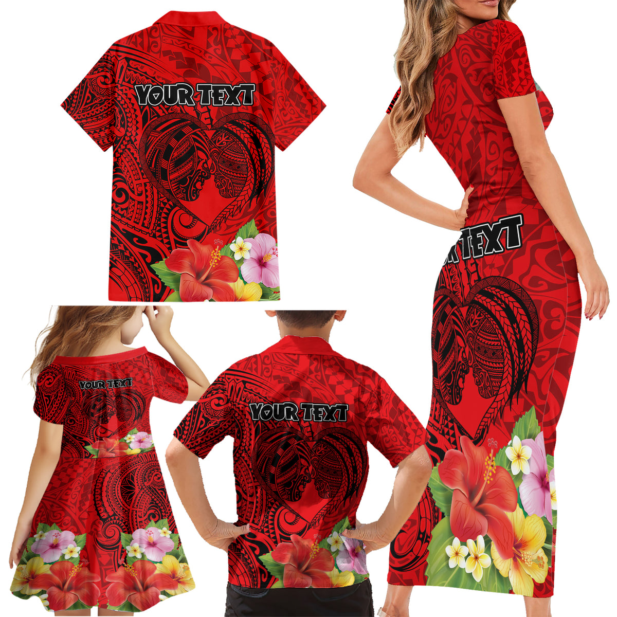 Personalised Hawaii Valentine Day Family Matching Short Sleeve Bodycon Dress and Hawaiian Shirt Couple Love Heart mix Hibiscus and Polynesian Tattoo LT03 - Polynesian Pride