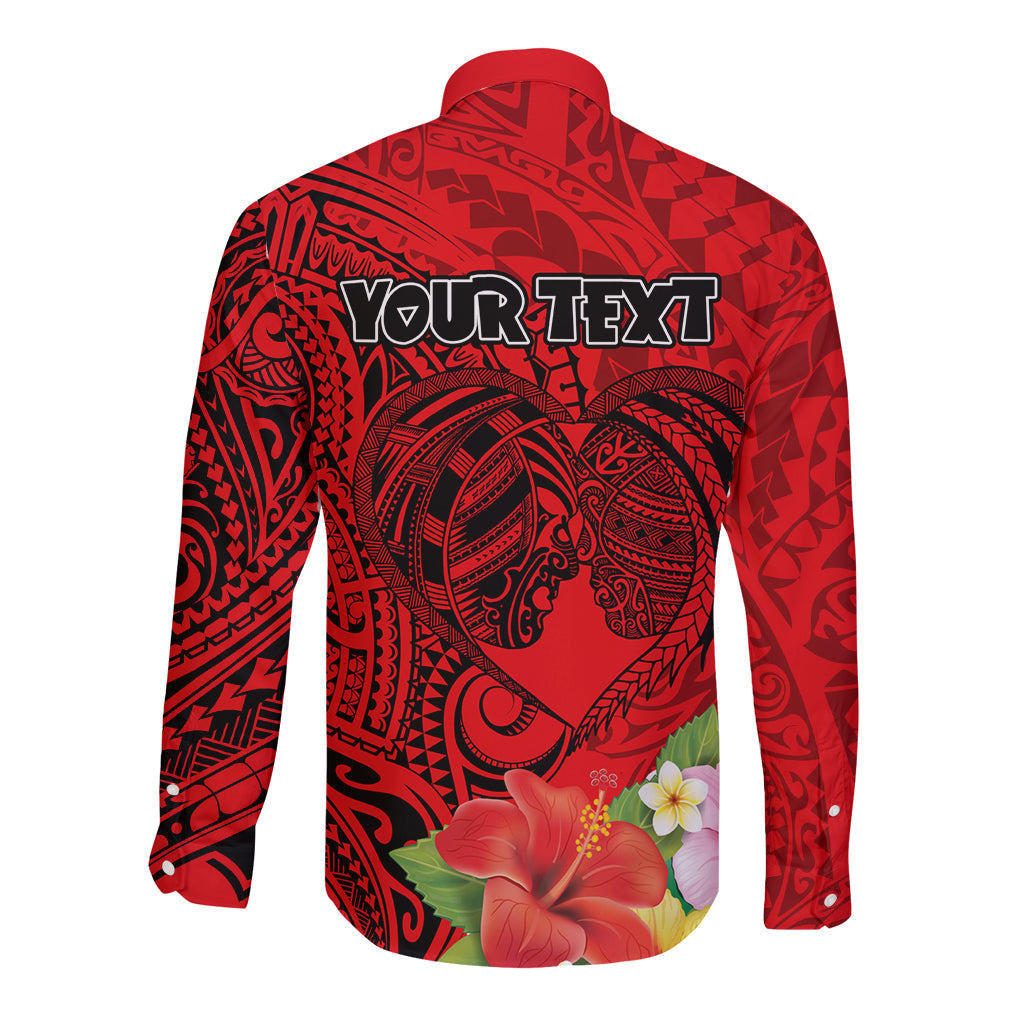 Personalised Hawaii Valentine Day Long Sleeve Button Shirt Couple Love Heart mix Hibiscus and Polynesian Tattoo LT03 - Polynesian Pride