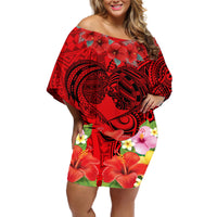 Personalised Hawaii Valentine Day Off Shoulder Short Dress Couple Love Heart mix Hibiscus and Polynesian Tattoo LT03 Women Red - Polynesian Pride