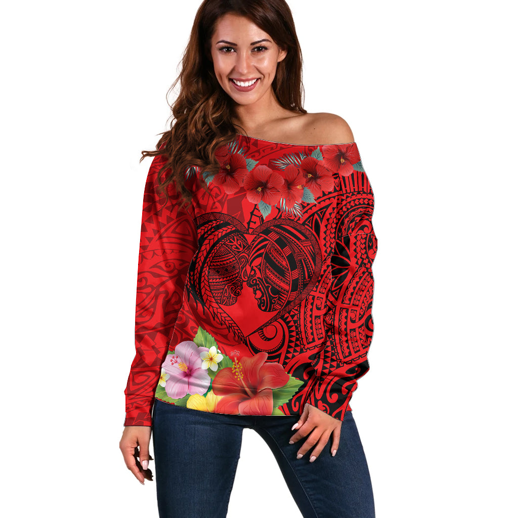 Personalised Hawaii Valentine Day Off Shoulder Sweater Couple Love Heart mix Hibiscus and Polynesian Tattoo LT03 Women Red - Polynesian Pride