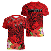 Personalised Hawaii Valentine Day Women V Neck T Shirt Couple Love Heart mix Hibiscus and Polynesian Tattoo LT03 - Polynesian Pride