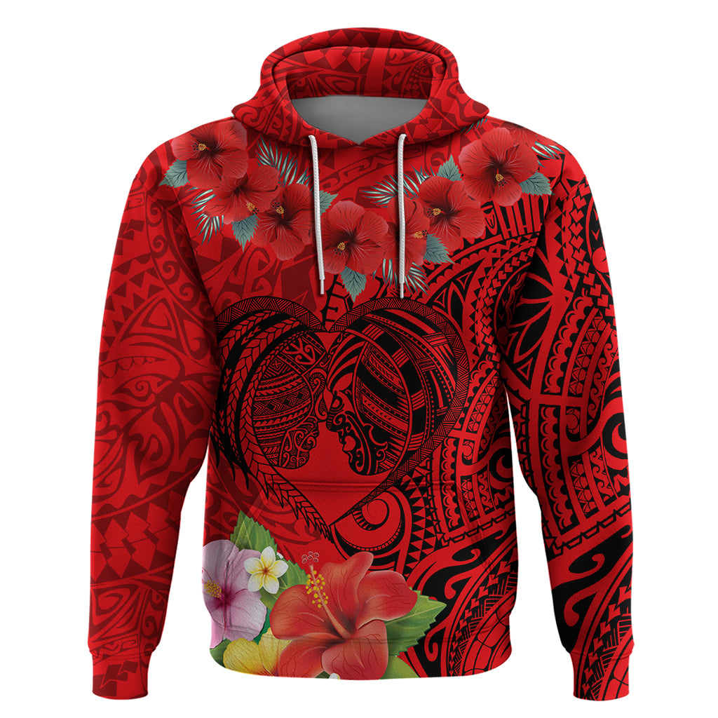 Personalised Hawaii Valentine Day Zip Hoodie Couple Love Heart mix Hibiscus and Polynesian Tattoo LT03 Pullover Hoodie Red - Polynesian Pride