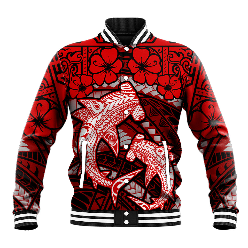 Polynesian Shark Valentine Day Baseball Jacket Hibiscus and Tribal Tattoo Red Style LT03 Unisex Red - Polynesian Pride