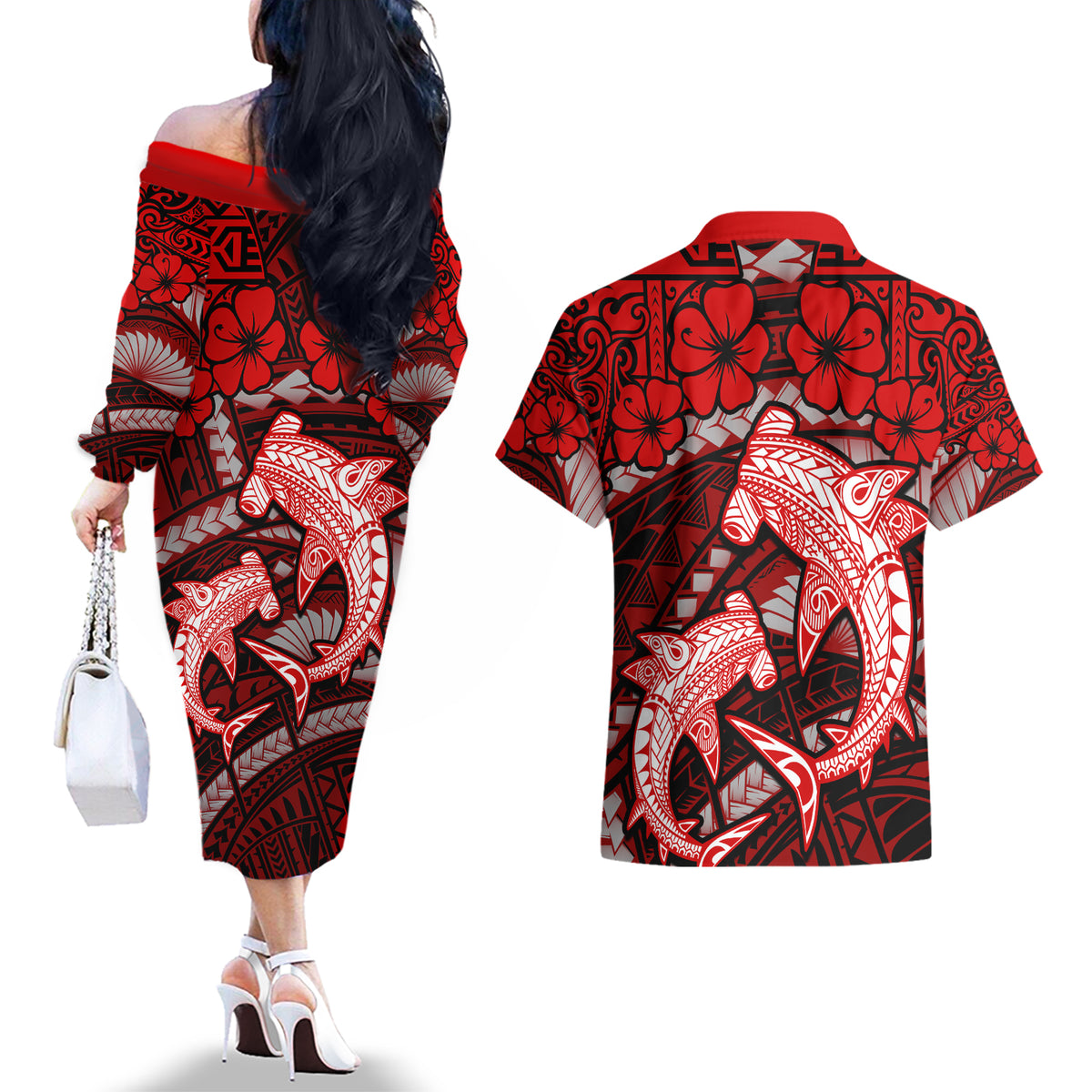 Polynesian Shark Valentine Day Couples Matching Off The Shoulder Long Sleeve Dress and Hawaiian Shirt Hibiscus and Tribal Tattoo Red Style LT03 - Polynesian Pride