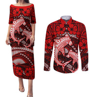 Polynesian Shark Valentine Day Couples Matching Puletasi and Long Sleeve Button Shirt Hibiscus and Tribal Tattoo Red Style LT03 Red - Polynesian Pride