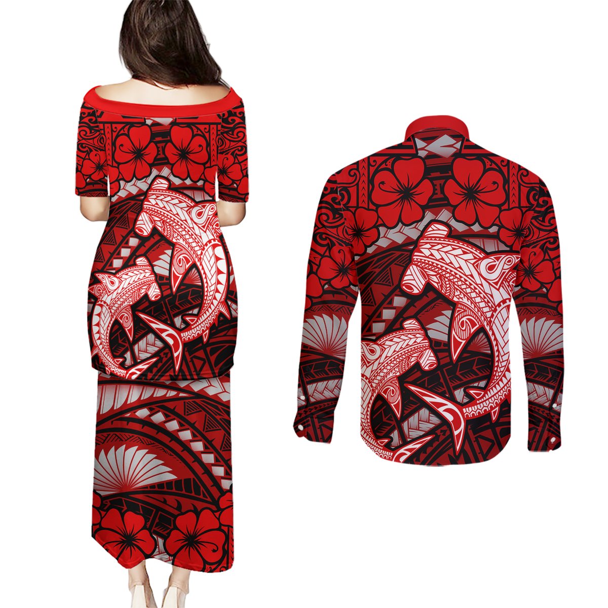 Polynesian Shark Valentine Day Couples Matching Puletasi and Long Sleeve Button Shirt Hibiscus and Tribal Tattoo Red Style LT03 - Polynesian Pride
