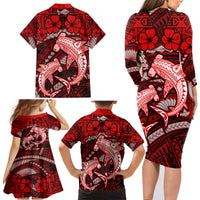 Polynesian Shark Valentine Day Family Matching Long Sleeve Bodycon Dress and Hawaiian Shirt Hibiscus and Tribal Tattoo Red Style LT03 - Polynesian Pride