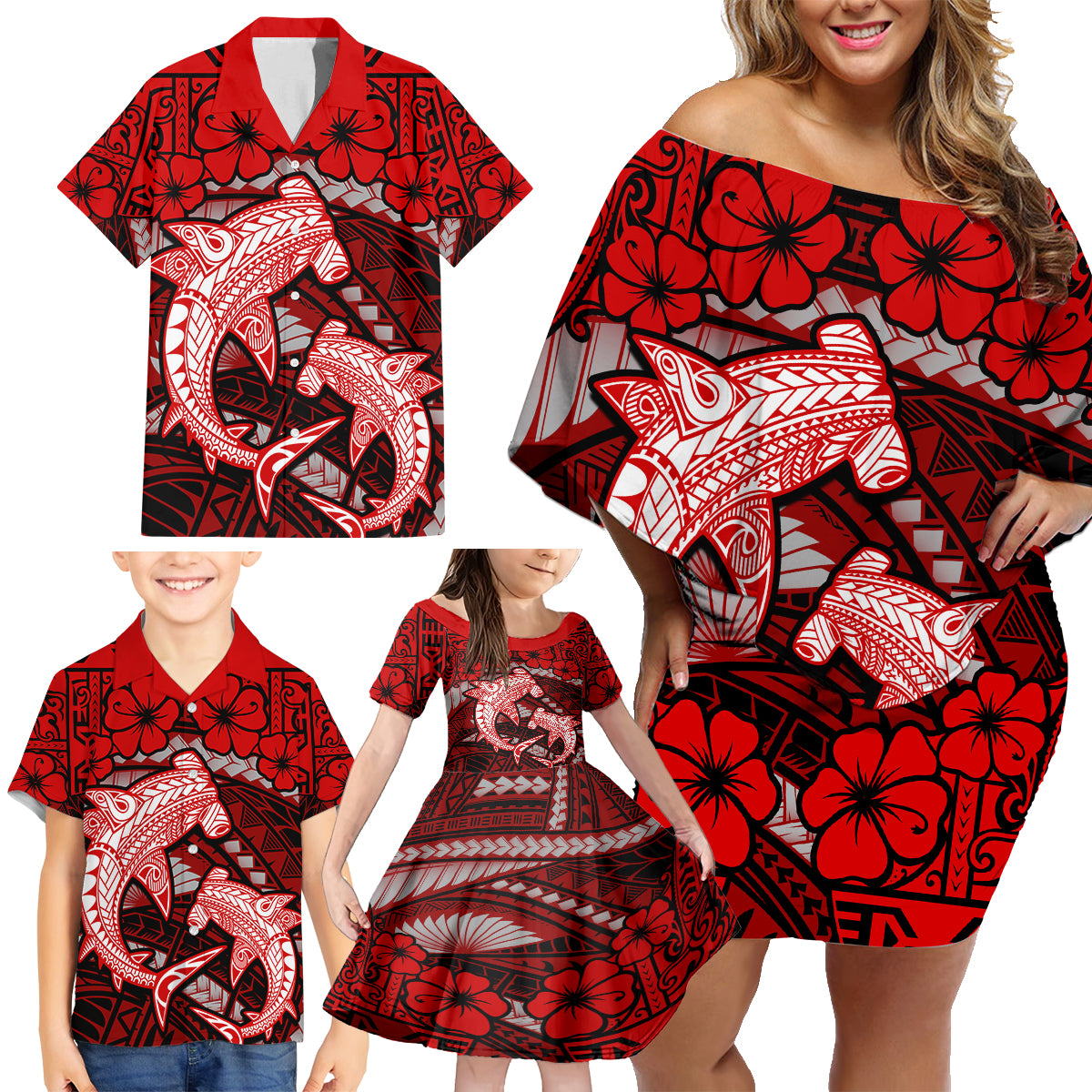 Polynesian Shark Valentine Day Family Matching Off Shoulder Short Dress and Hawaiian Shirt Hibiscus and Tribal Tattoo Red Style LT03 - Polynesian Pride