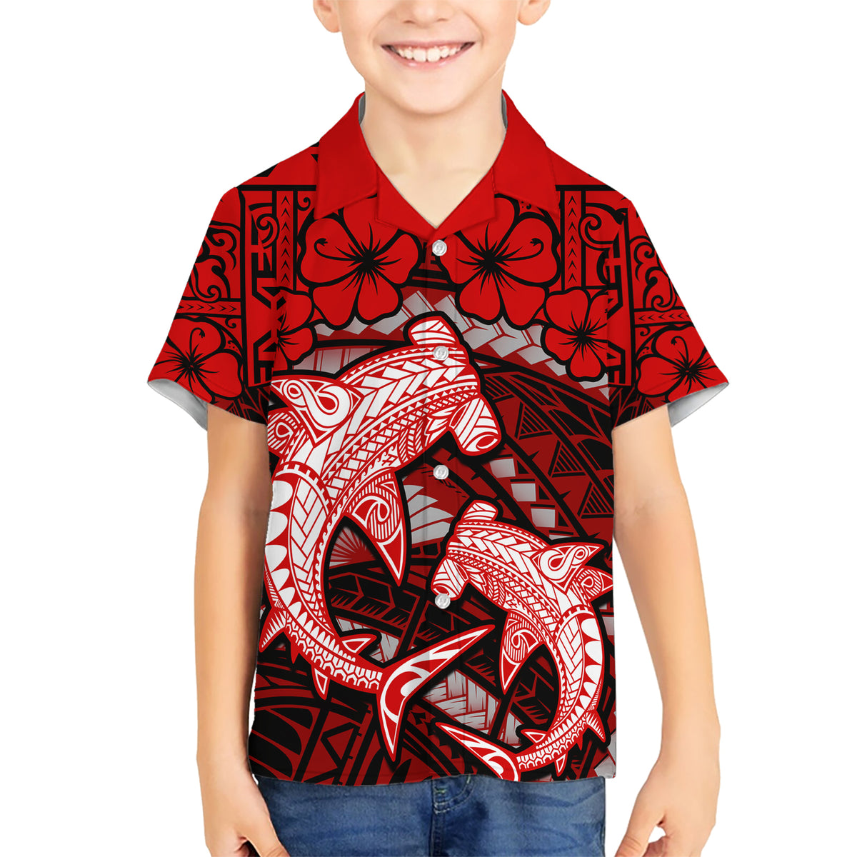 Polynesian Shark Valentine Day Kid Hawaiian Shirt Hibiscus and Tribal Tattoo Red Style LT03 Kid Red - Polynesian Pride